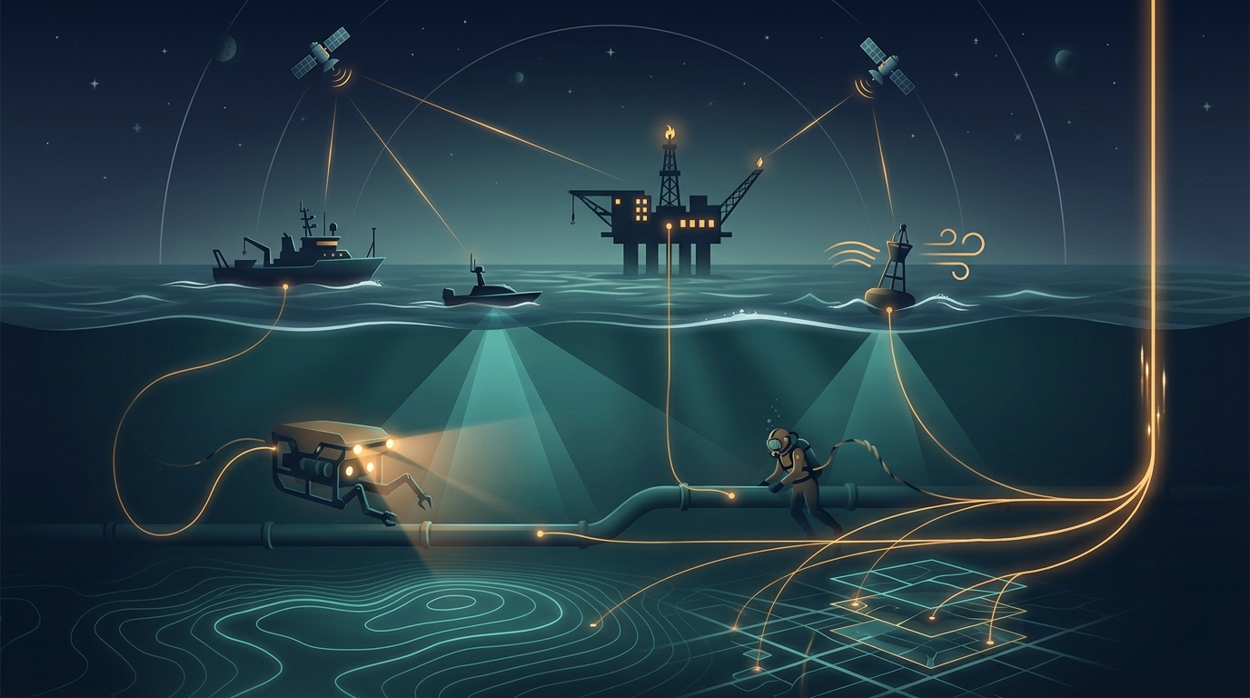 One continuous scene from GNSS satellites through survey vessels and platforms to ROVs, divers and the mapped seabed – the domains this platform covers, connected