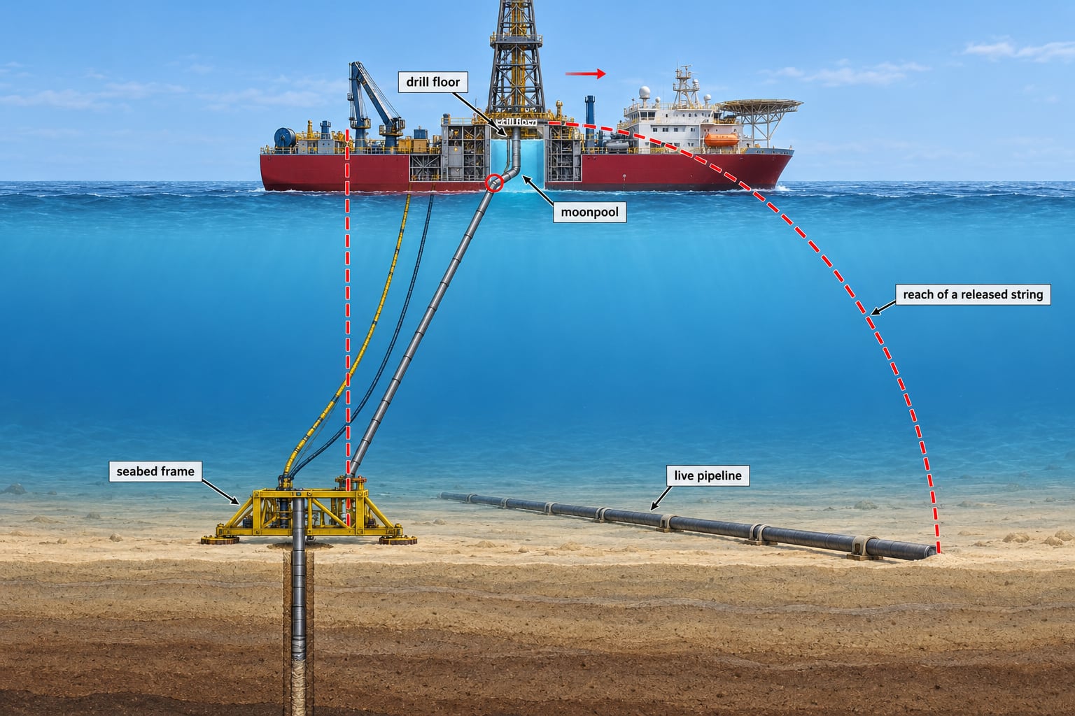Cutaway of a geotechnical drilling vessel driven sideways towards a live pipeline on the seabed while its drill string still stands in the borehole: the string leans from the seabed frame and bears on the edge of the moonpool, the lift wire and umbilical hang to the frame, and a red dashed arc from drill-floor height shows that a released string would reach the pipeline.