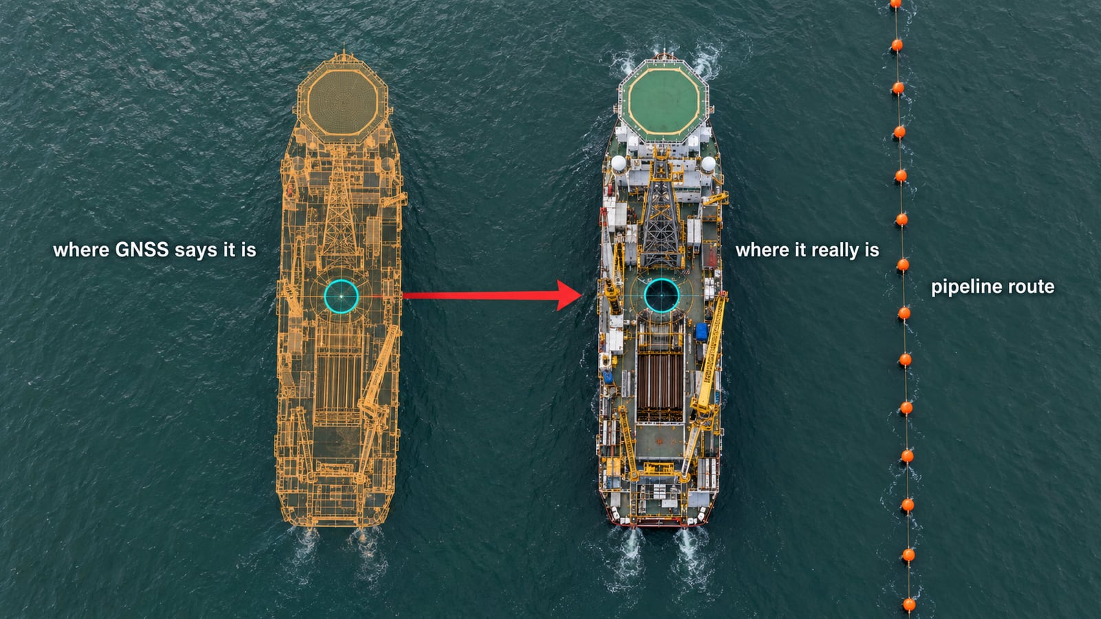 Aerial view from above: an amber ghost outline of the drilling vessel sits on its target ring where GNSS says it is, while the real vessel has been driven to the right, closer to a line of orange buoys marking the pipeline route; a red arrow runs from the ghost to the real vessel.