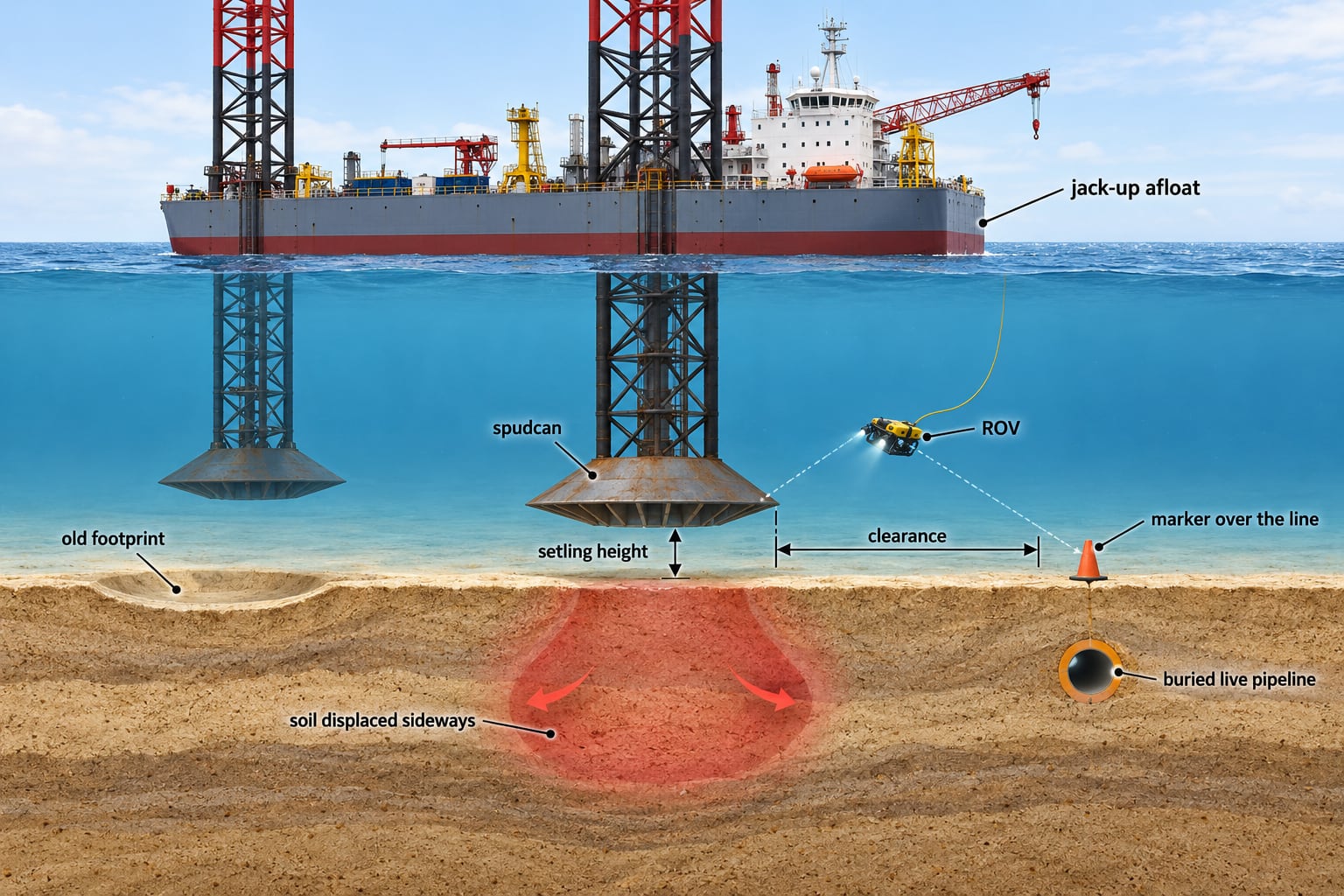 Cutaway of a jack-up afloat with its legs lowered to settling height above the seabed: an ROV watches the clearance between the nearest spudcan and a marker cone placed over a buried live pipeline, a red zone under the spudcan shows soil pushed sideways by penetration, and an old footprint lies on the seabed to the left.