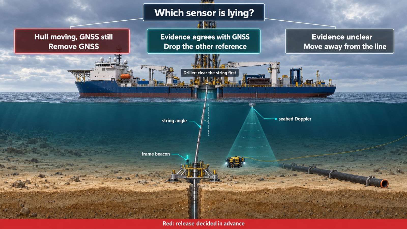 Cutaway of a drilling vessel over a seabed frame beside a live pipeline, with overlay panels asking which sensor is lying: the frame beacon, string angle and seabed Doppler are tagged as evidence, three outcome panels read remove GNSS, drop the other reference, or move away from the line, the driller clears the string first, and a red strip says the release is decided in advance.